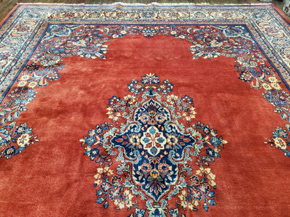 Semi Antique Persian Sarouk Rug 9x12,  Semi Open Field with Central Medallion, Hand Knotted Wool, Tomato Red, 9 x 12 Authentic Oriental Carpet - Nuvé