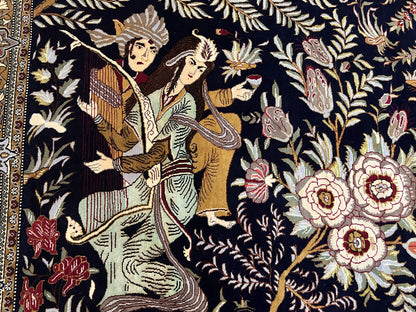 Persian Qum Pictorial Rug 4.8 x 6.5 - Layla & Majnun, Birds - Nuvé