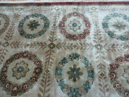 9' X 12' Modern Handmade Indo Lahore Wool Rug Art Deco Olive Ivory Nice Wow