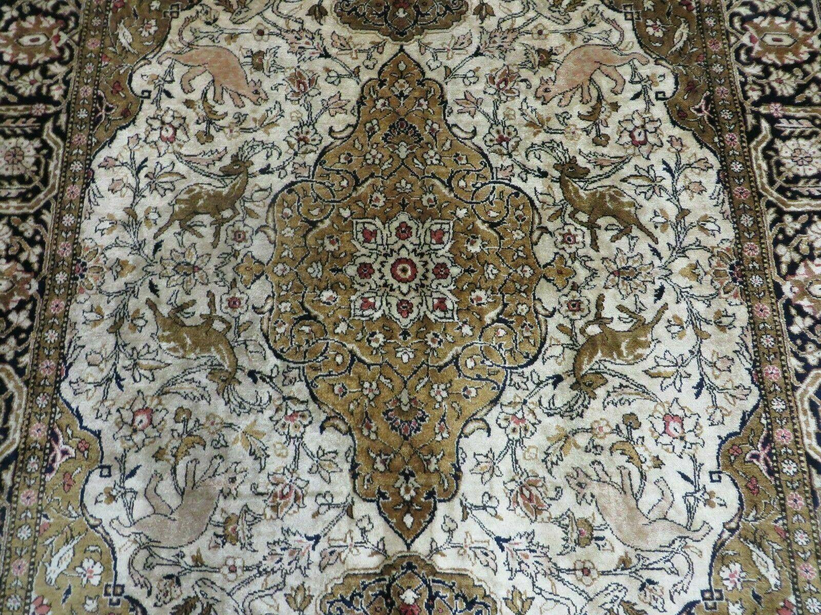 3' X 5' Fine Handmade Chinese Silk Rug Deer Birds Hand Knotted One Of A Kind - Nuvé
