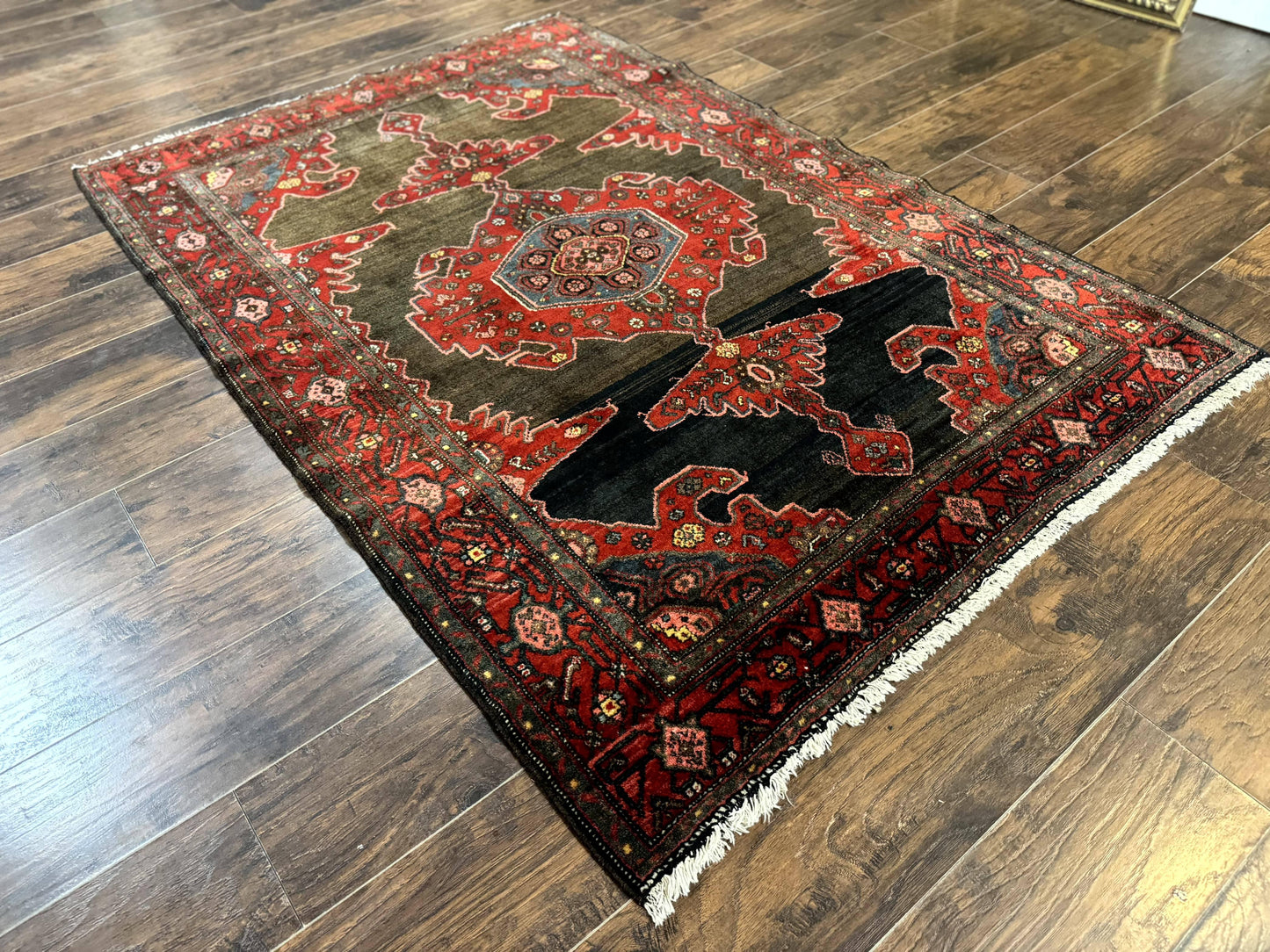 Antique Persian Tribal Rug 5x7, Geometric Wool Carpet, Kurdish Senneh Rug - Nuvé