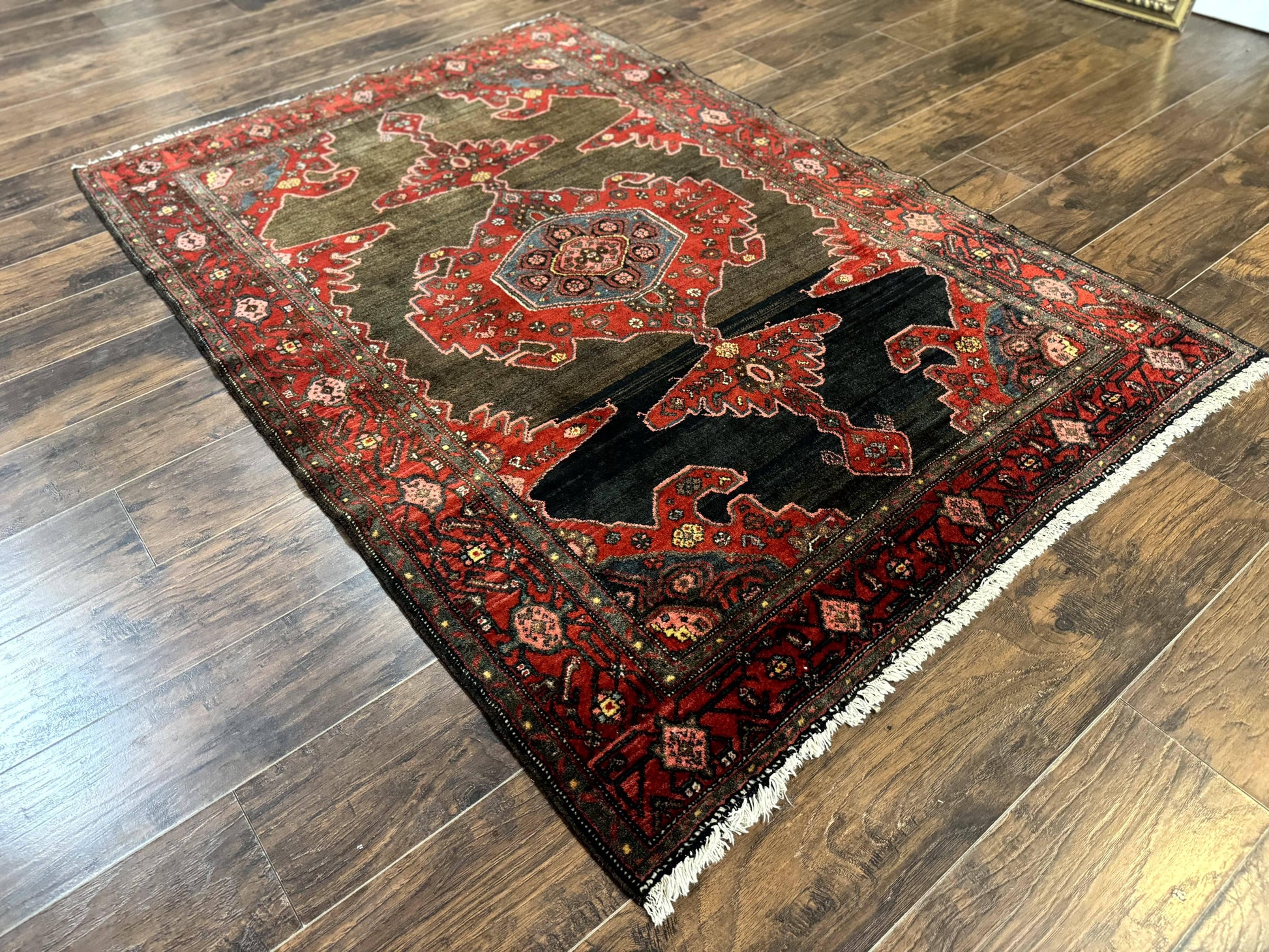 Antique Persian Tribal Rug 5x7, Geometric Wool Carpet, Kurdish Senneh Rug - Nuvé