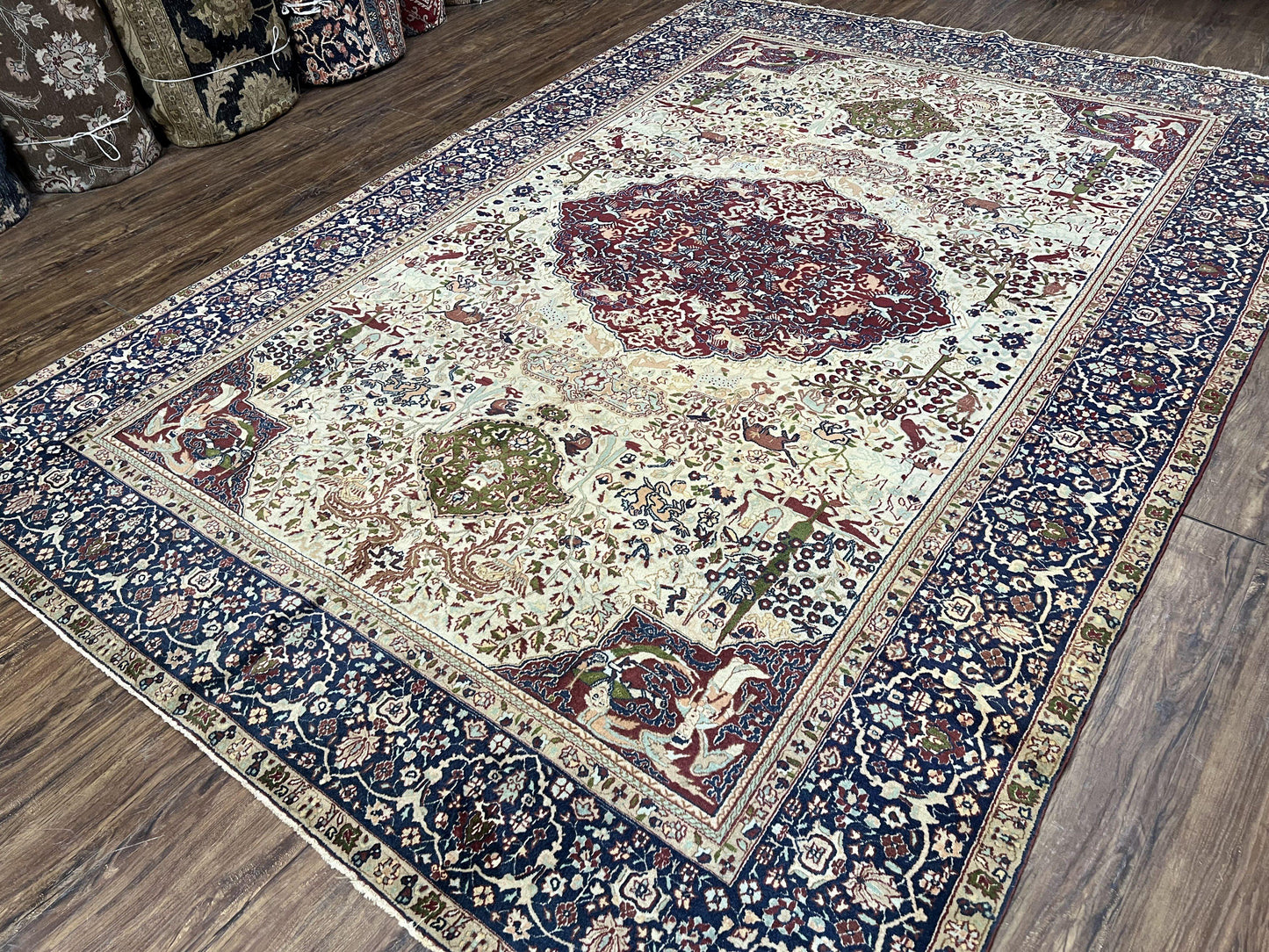 Rare Antique Indian Agra Rug, Early 20th Century Indian Carpet, Animal and Angel Motifs, Hunting Scene, Collectible Oriental Carpet, Wow - Nuvé