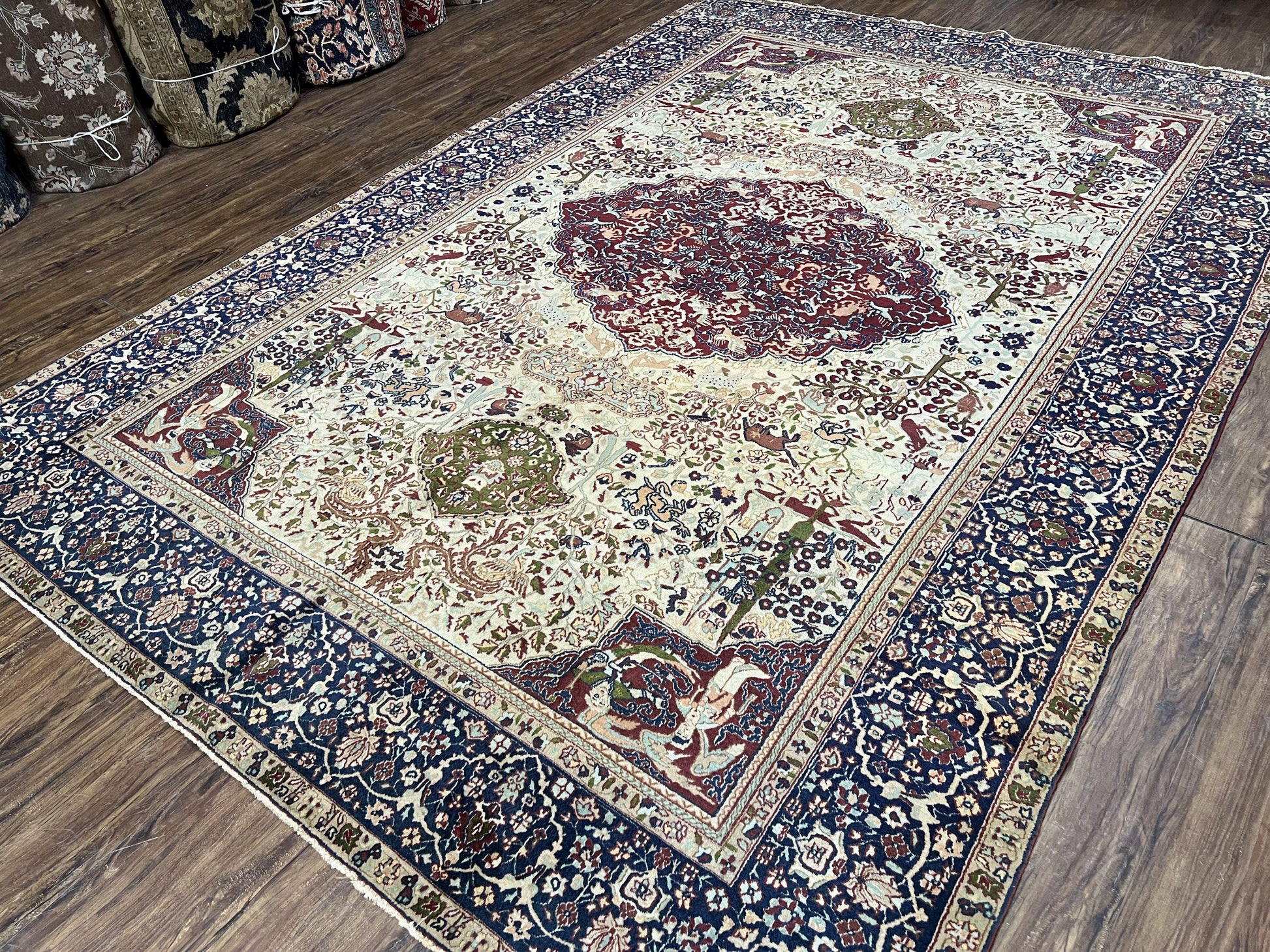 Rare Antique Indian Agra Rug, Early 20th Century Indian Carpet, Animal and Angel Motifs, Hunting Scene, Collectible Oriental Carpet, Wow - Nuvé