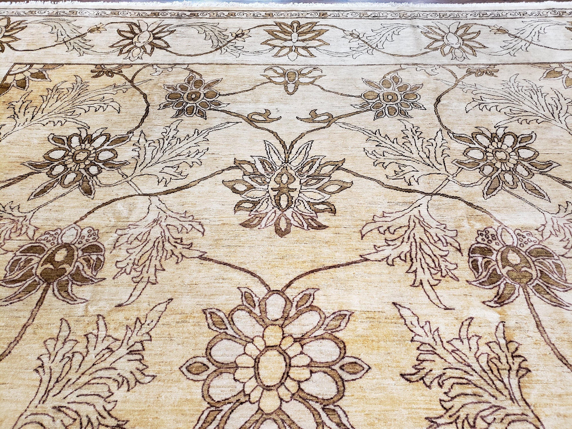Oversized Peshawar Chobi Oushak Area Rug 11.6 x 12.5, Wool Hand-Knotted Light Gold & Ivory Decorative Pakistani Floral Carpet, 11x12 - 12x13 - Nuvé