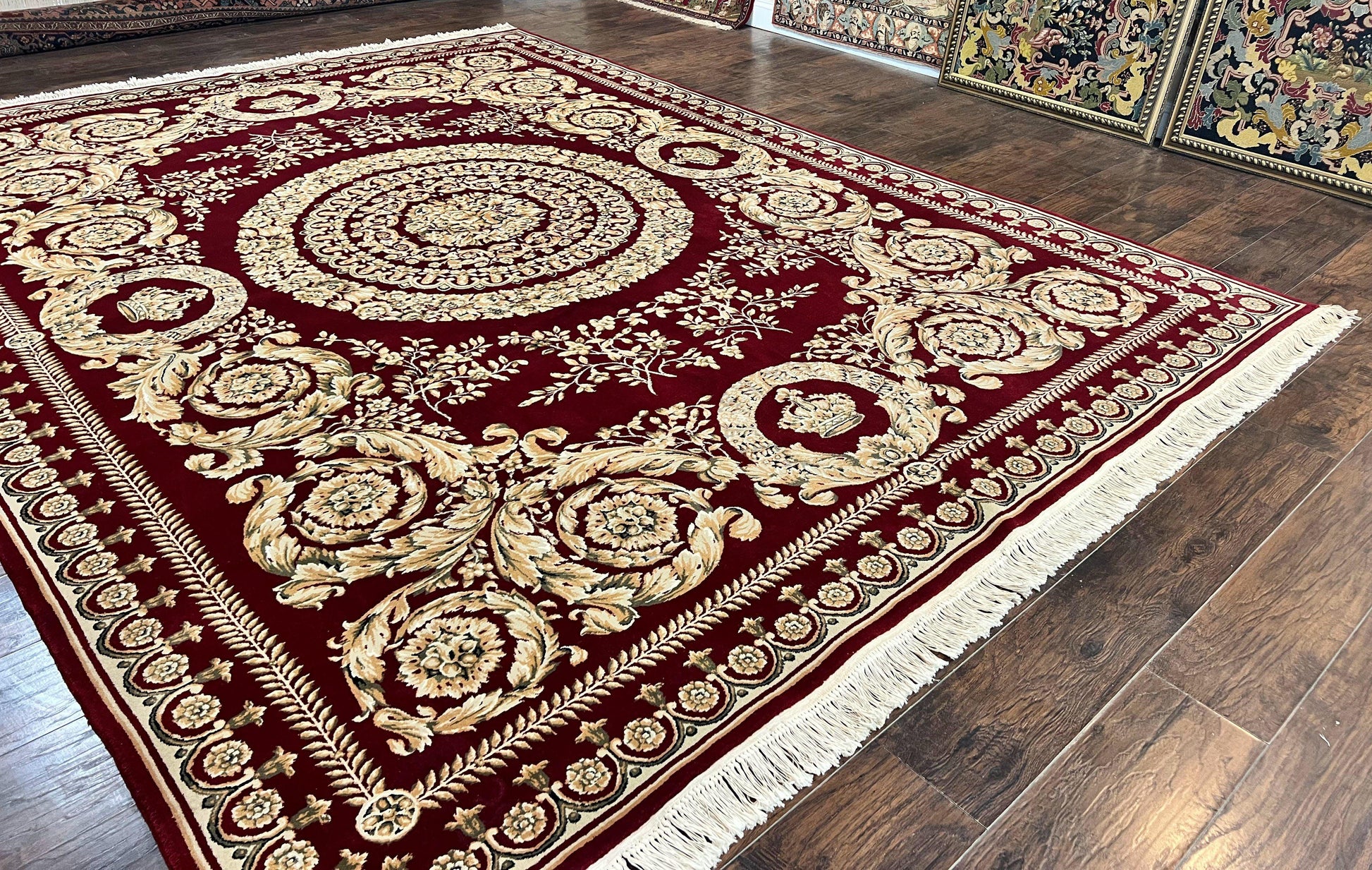 Aubusson Rug 9x12, Wool Handmade Carpet, Elegant French European Design, Dark Maroon Red, 9 x 12 Room Sized Rug, Finely Hand Knotted - Nuvé