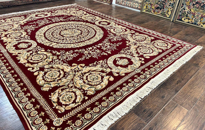 Aubusson Rug 9x12, Wool Handmade Carpet, Elegant French European Design, Dark Maroon Red, 9 x 12 Room Sized Rug, Finely Hand Knotted - Nuvé