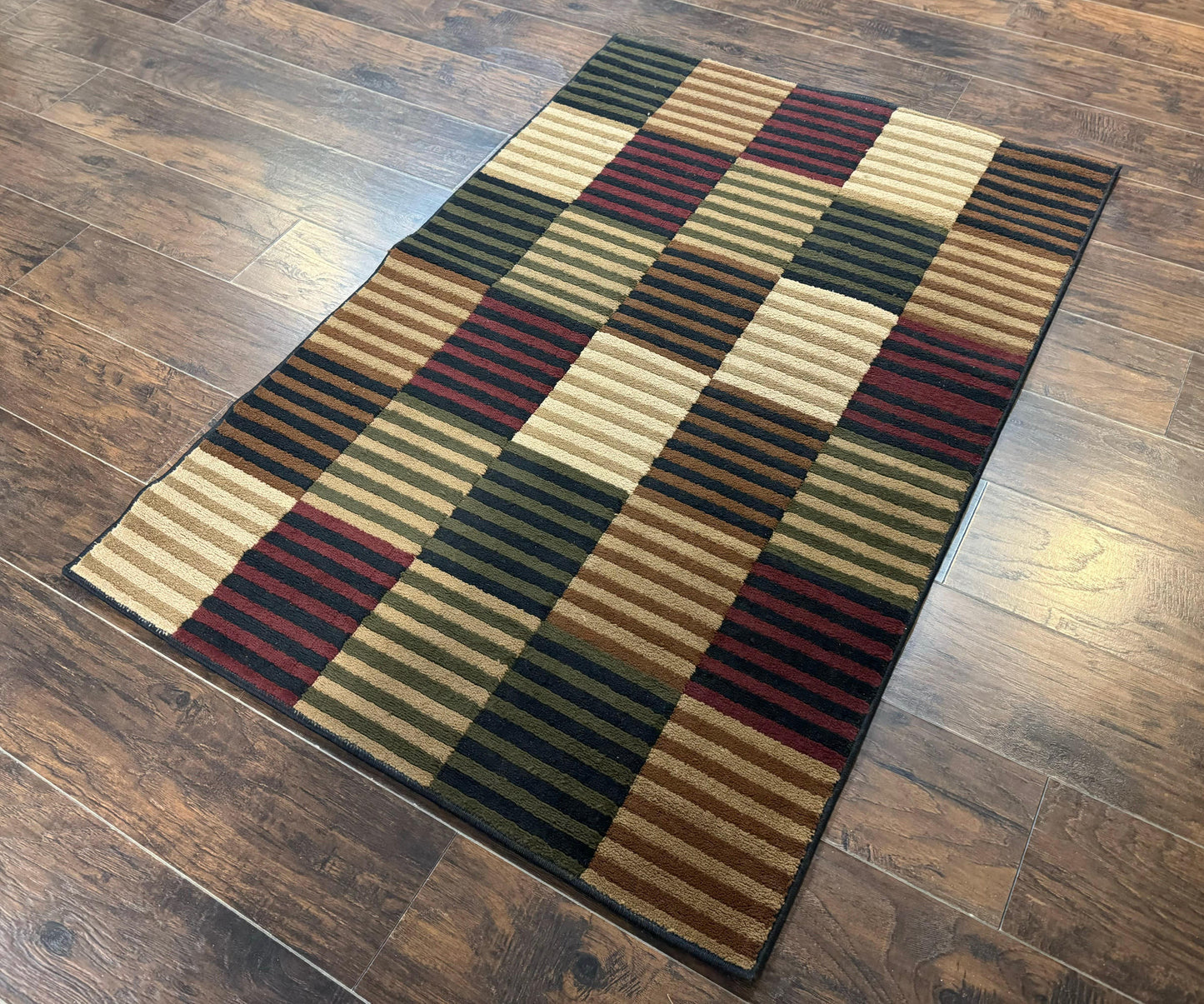Vintage Power Loomed Rug 3.6 x 5, Brown Beige Black Tan, Box Design - Nuvé