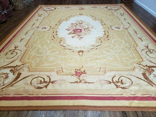 Aubusson Rug 10x13, Savonneire Carpet 10 x 13 ft, Handmade Vintage Flatweave Room Sized Wool Floral Aubusson, Cream/Tan Ivory Reds Pinks - Nuvé