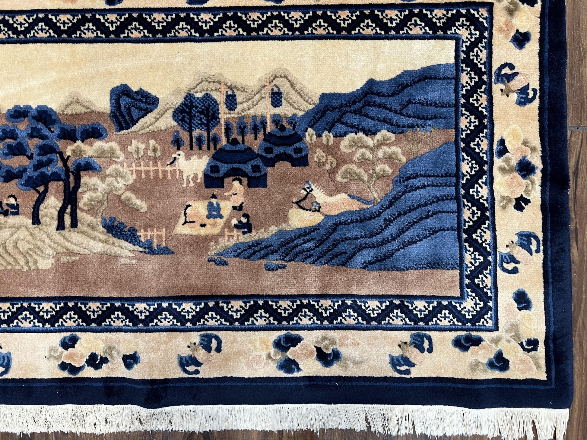 Antique Chinese Pictorial Rug 2.7 x 5, Chinese Village and Hills Carpet, Beige and Dark Blue, Handmade, Horizontal Rug Wall Hanging Tapestry - Nuvé