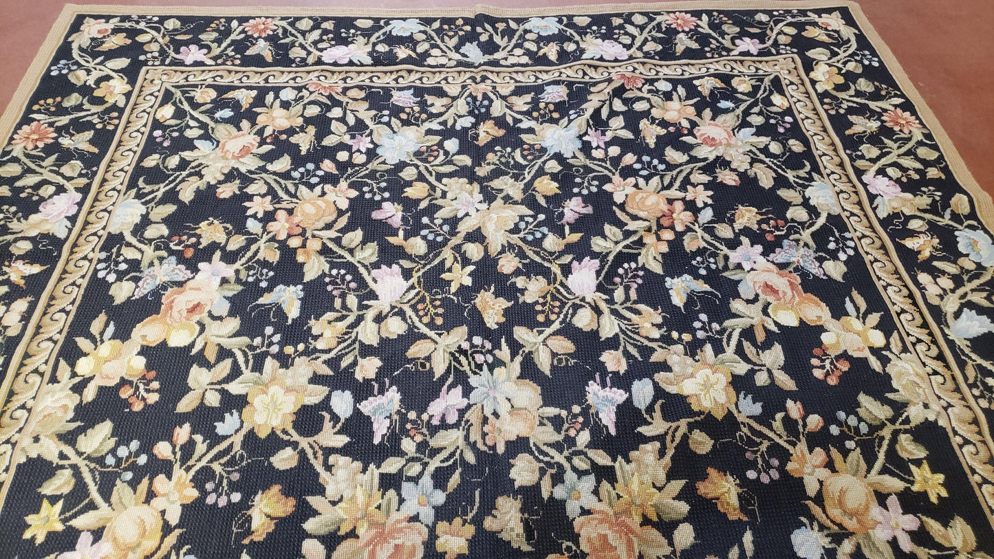 6x9 Vintage Needlepoint Rug Petitepoint Carpet Butterflies Floral Design Dark Brown & Tan 6 x 9 Handmade Flatweave Area Rug - Nuvé