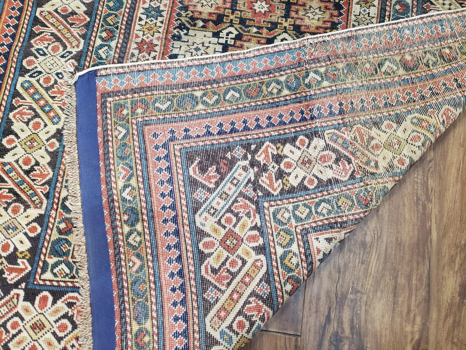 Caucasian Rug 3'9" x 5'7", Antique 1920s Collectible Caucasian Chi Chi Carpet, Hand Knotted, Colorful, Dark Blue Cream Red, Wool, Small Rug - Nuvé