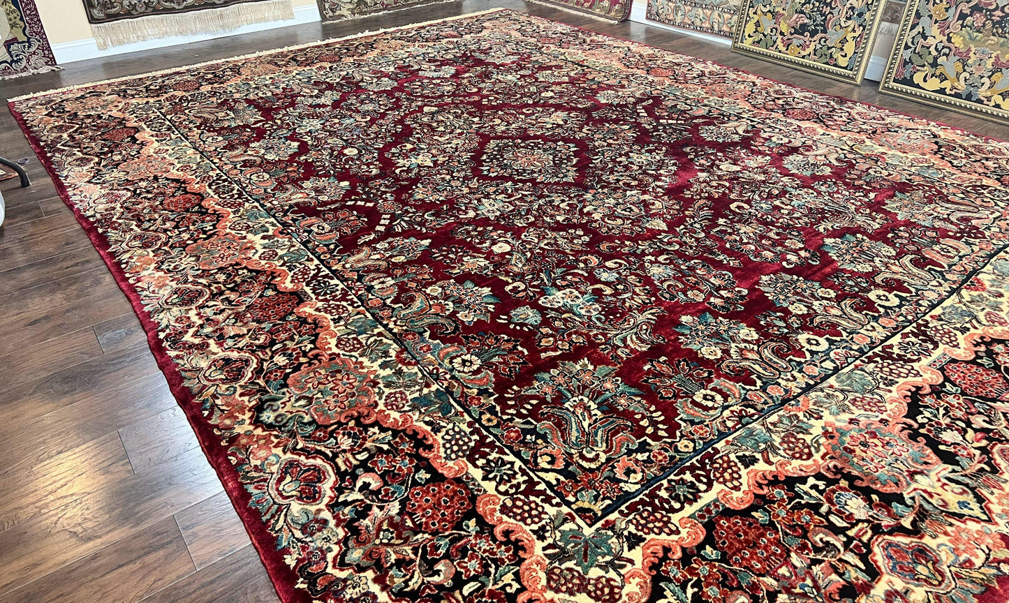 Persian Sarouk Rug 12x17, Wool Hand Knotted Antique Carpet, Dark Red, Traditional Floral Oriental Rug, 12 x 17 Extra Large Handmade Rug - Nuvé