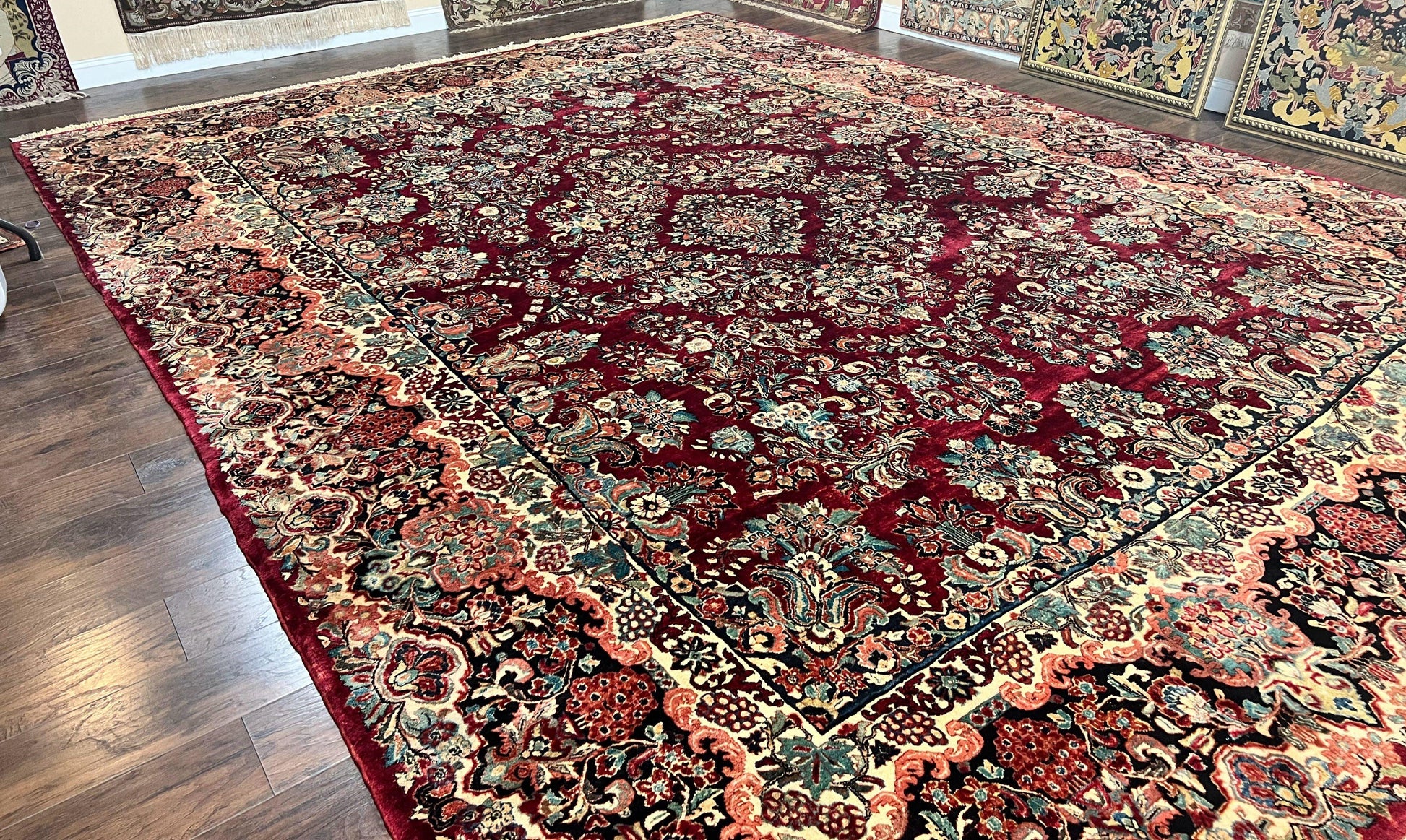 Persian Sarouk Rug 12x17, Wool Hand Knotted Antique Carpet, Dark Red, Traditional Floral Oriental Rug, 12 x 17 Extra Large Handmade Rug - Nuvé