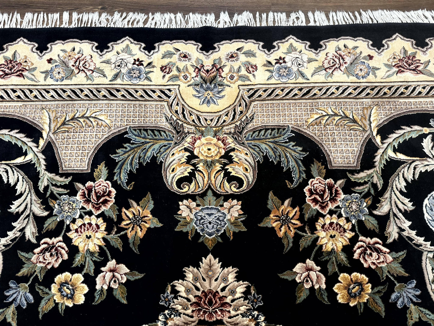 Aubusson Rug 9x12, Black and Beige, Floral, Elegant Handmade French European Design Carpet - Nuvé