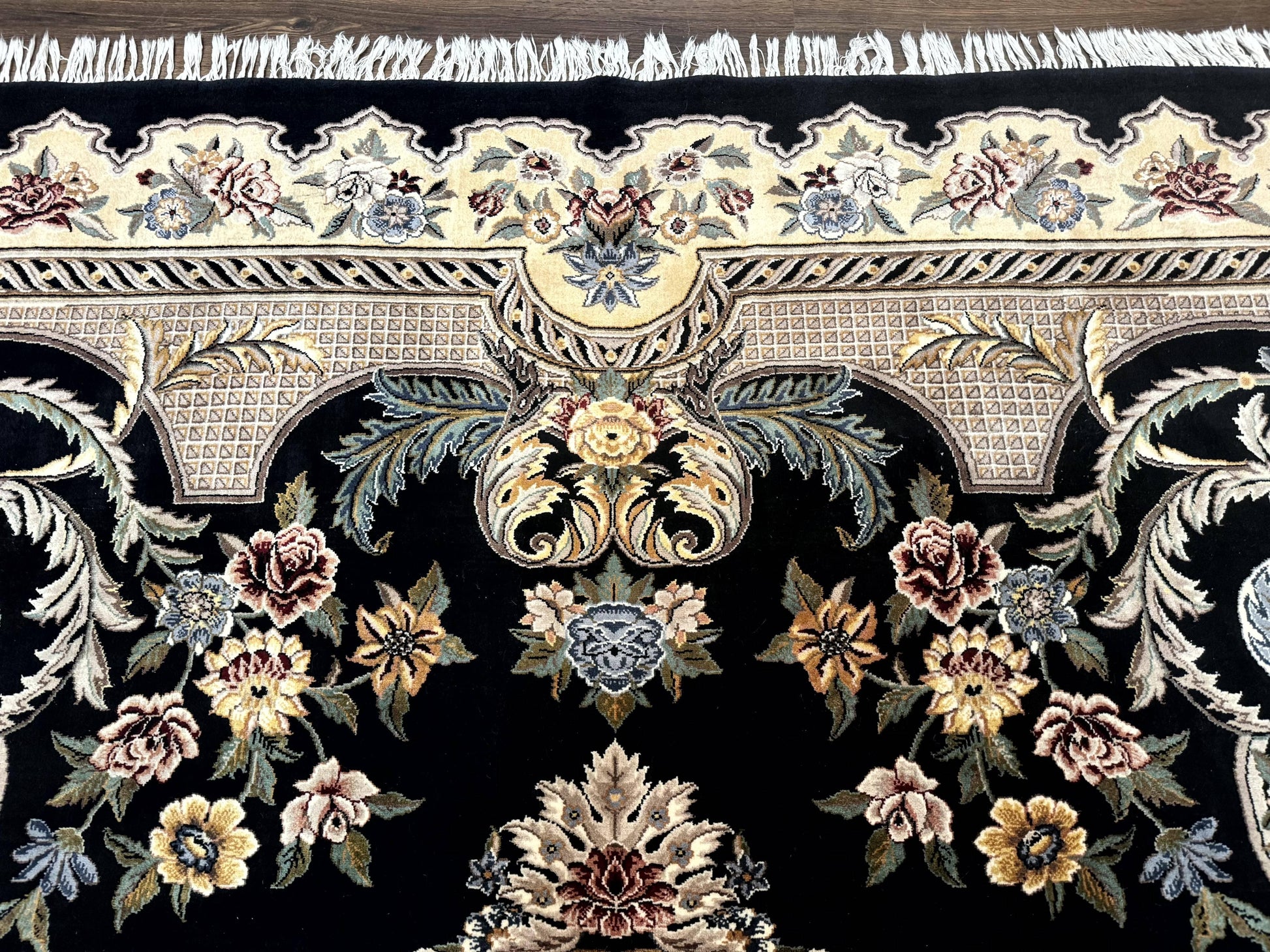 Aubusson Rug 9x12, Black and Beige, Floral, Elegant Handmade French European Design Carpet - Nuvé