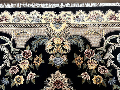 Aubusson Rug 9x12, Black and Beige, Floral, Elegant Handmade French European Design Carpet - Nuvé