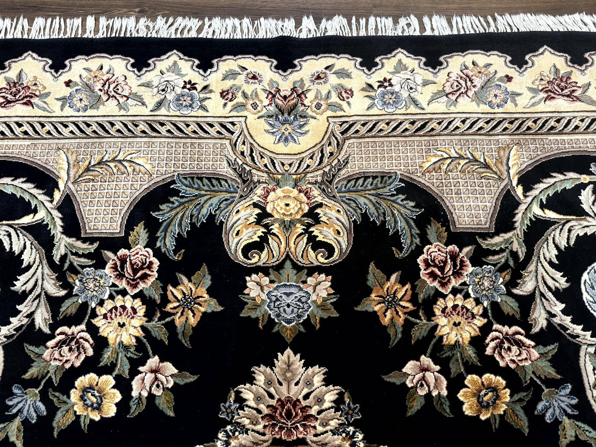 Aubusson Rug 9x12, Black and Beige, Floral, Elegant Handmade French European Design Carpet