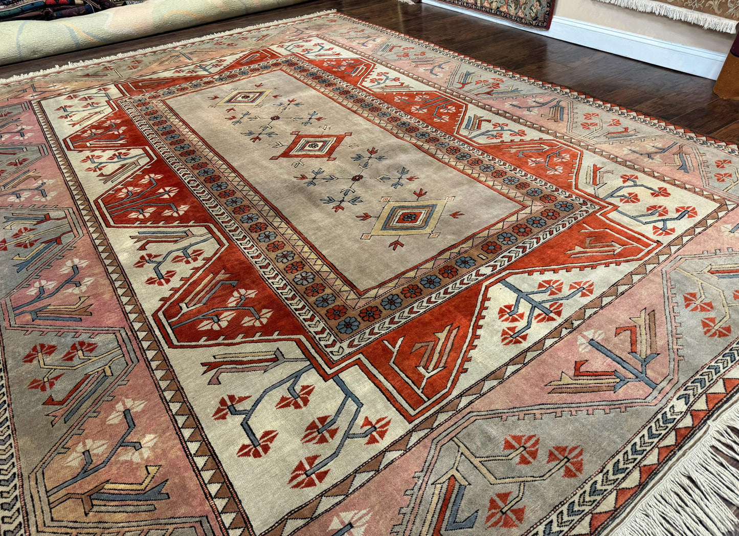 Large Turkish Milas Rug 10x13, Gray, Vintage, Wool on Wool - Nuvé
