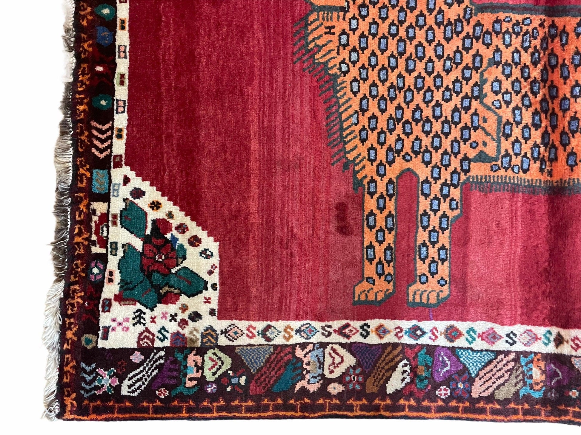 Antique Persian Gabbeh Wool Rug 4x5, Lion Pictorial Rug, Red Orange Black, Hand Knotted Handmade Vintage Gabbeh Carpet 4 x 5 ft, Tribal Rug - Nuvé