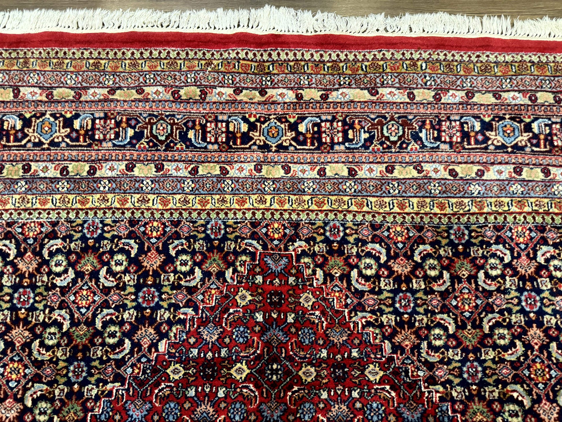 Indo Persian Bidjar Rug 10x14, Red and Dark Blue, Herati Mahi Pattern, Vintage - Nuvé