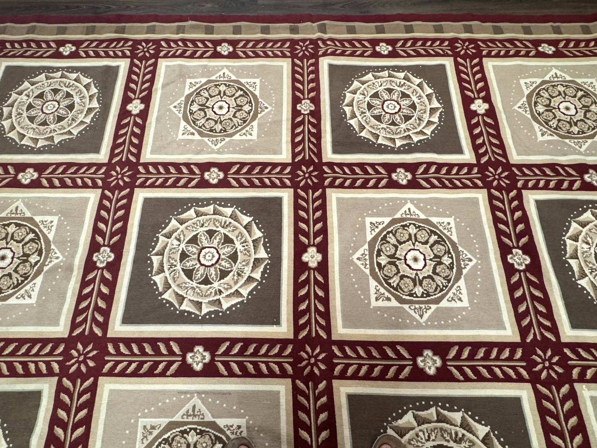 Needlepoint Rug 9x12, Panel Design, Burgundy Taupe, Elegant - Nuvé