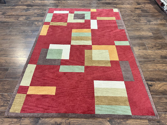 Indo Tibetan Modern Rug 5x8, Abstract Rug 5 x 8 ft, Red Multicolor Wool Handmade Contemporary Area Rug - Nuvé