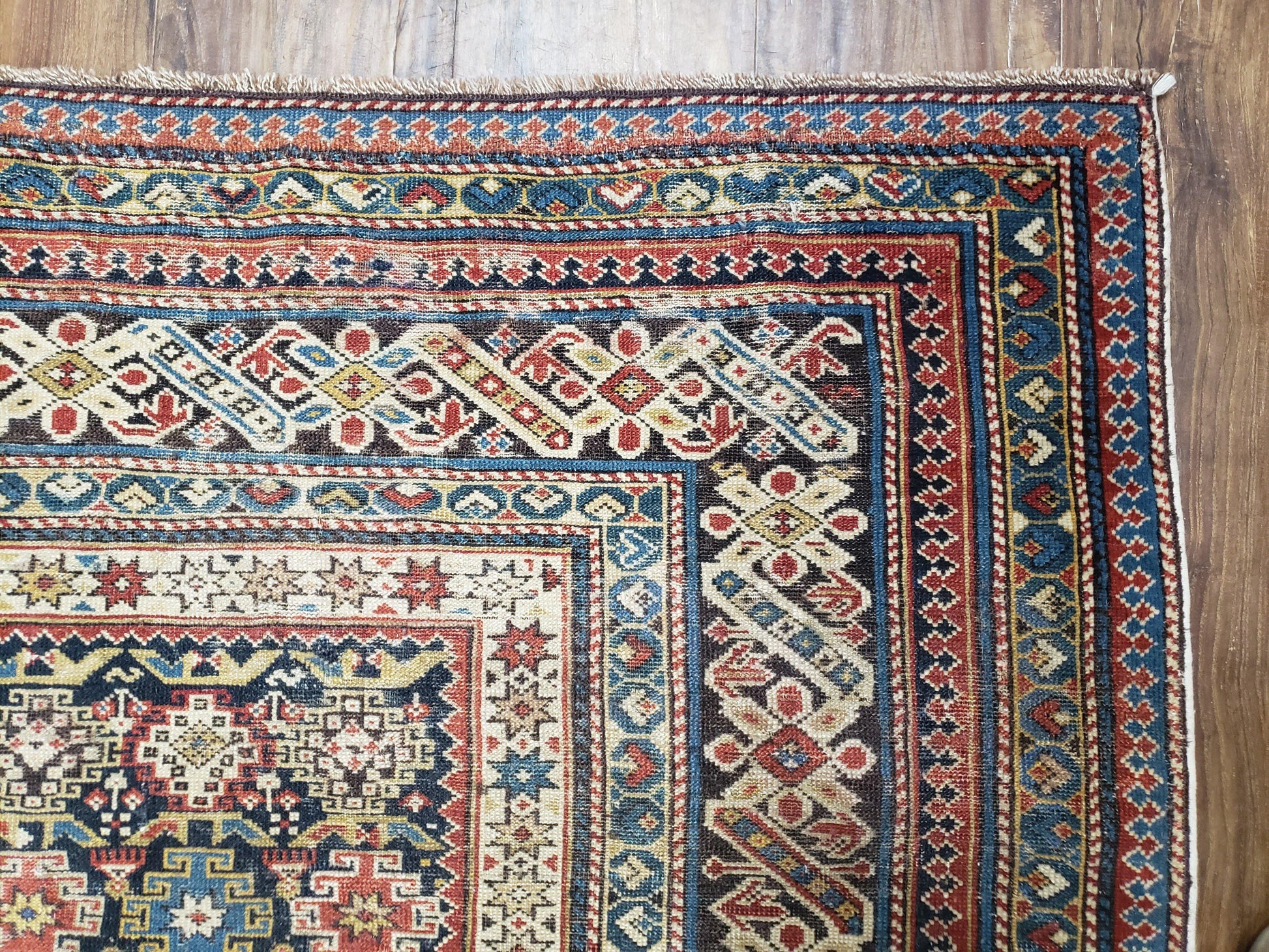 Caucasian Rug 3'9" x 5'7", Antique 1920s Collectible Caucasian Chi Chi Carpet, Hand Knotted, Colorful, Dark Blue Cream Red, Wool, Small Rug - Nuvé