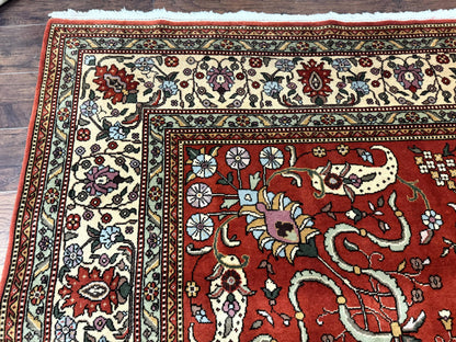 Romanian Rug 10x13, Vintage Handmade Wool Carpet, Floral Pattern, Birds, Red and Cream, Signed By Masterweaver, Persian Rug - Nuvé