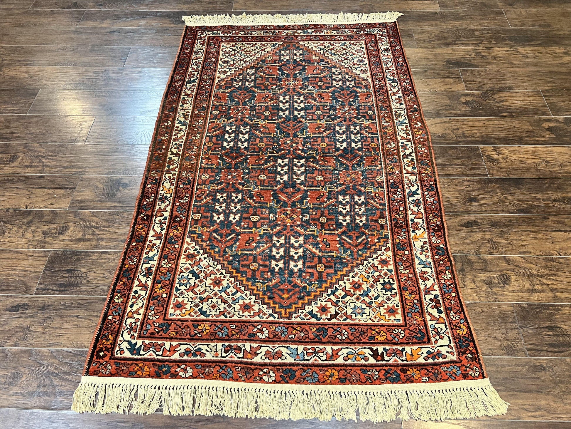 Persian Malayer Rug 4x7, Tribal Rug, Geometric, Antique Oriental Carpet, Red Blue Cream, Boho Rug, Hand Knotted Wool Rug - Nuvé