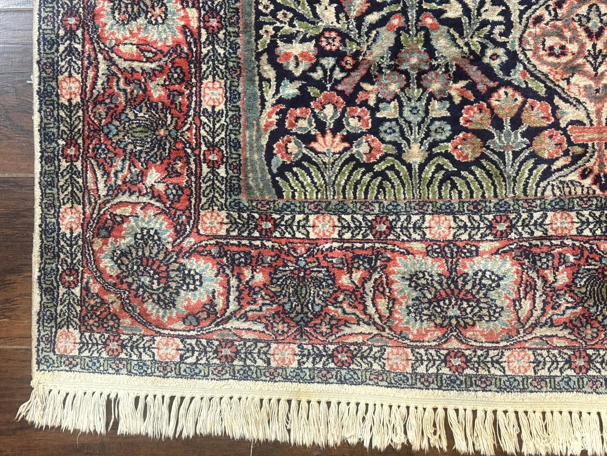 Silk Indian Kashmiri Rug 4x6, Tree of Life Pattern, Birds, Fine 290 KPSI, Navy Blue and Red, Handmade Oriental Carpet - Nuvé