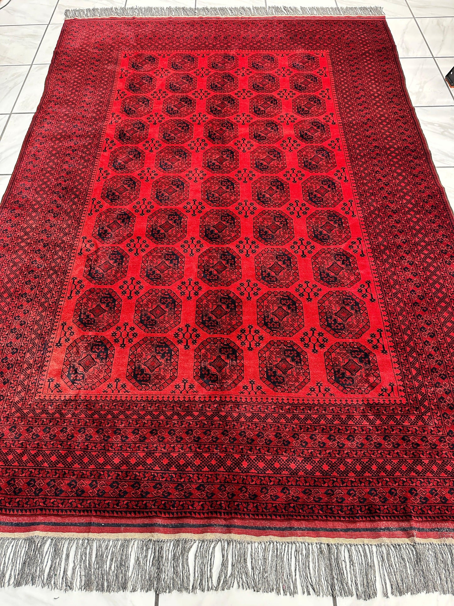 Hand-Knotted Turkoman Ersari Wool Rug – 6’7” x 9’6” – Rich Red Tones, Geometric Design - Nuvé