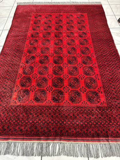 Hand-Knotted Turkoman Ersari Wool Rug – 6’7” x 9’6” – Rich Red Tones, Geometric Design - Nuvé