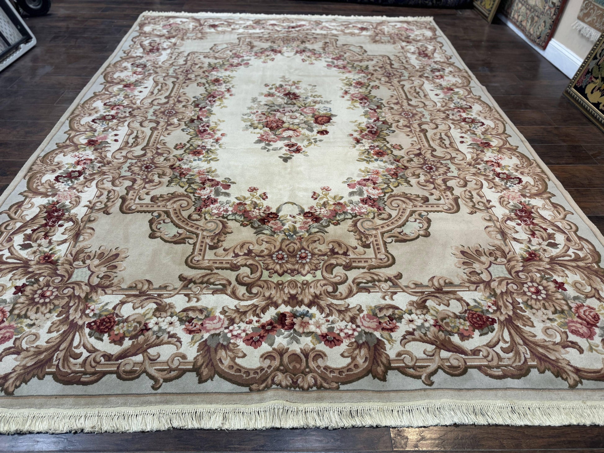 Aubusson Rug 8x12, European French Savonnerie Design, Thick Wool Pile, Elegant Rug, Cream Beige Light Green - Nuvé