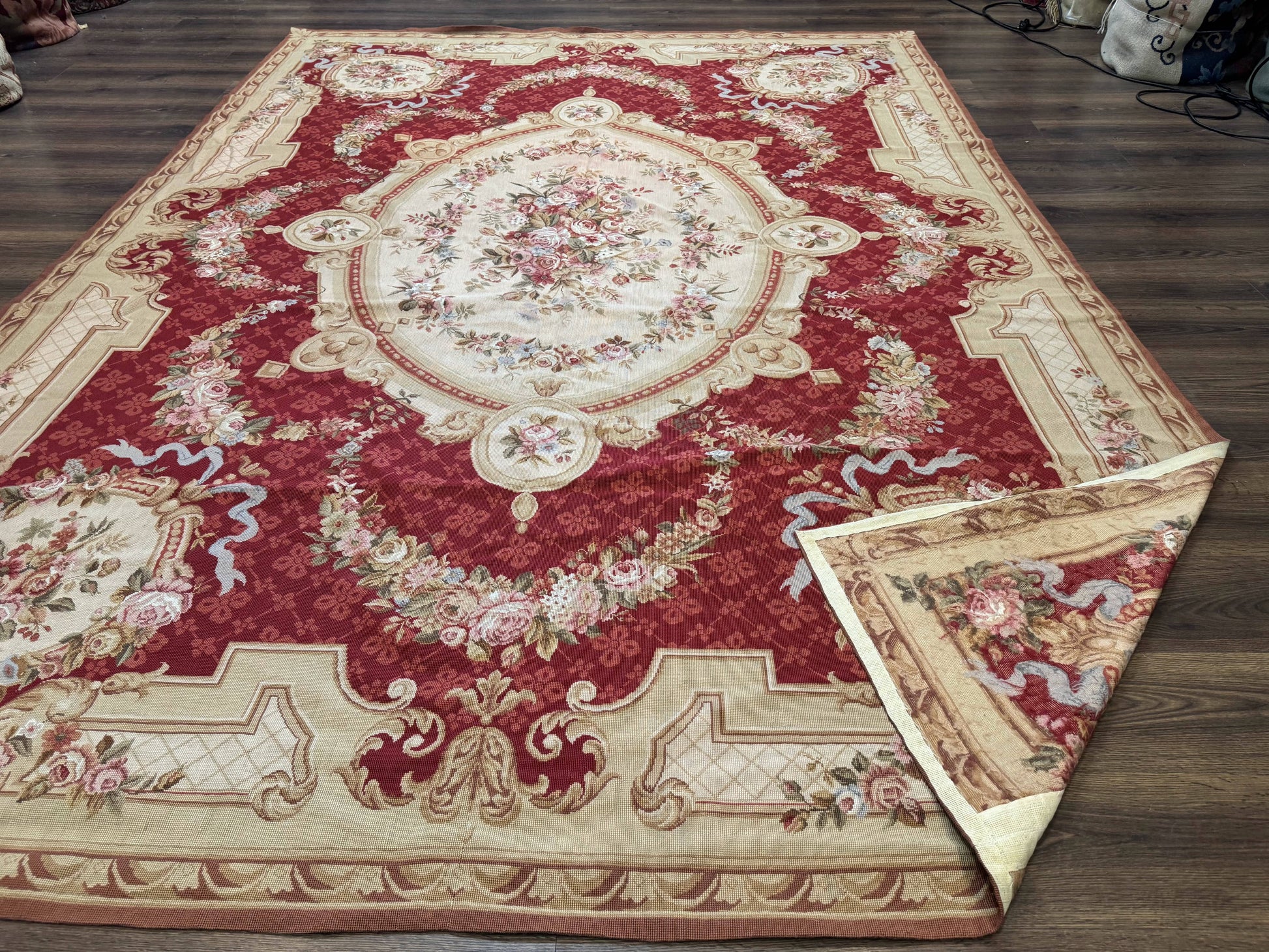 Aubusson Rug 8x11, Needlepoint Carpet, Red Ivory Beige, Vintage, French European Design - Nuvé