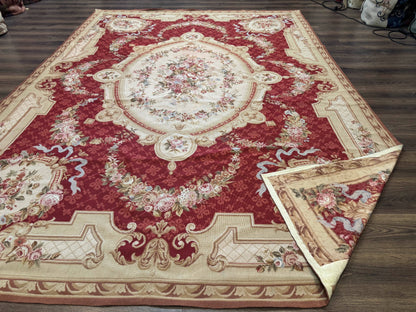 Aubusson Rug 8x11, Needlepoint Carpet, Red Ivory Beige, Vintage, French European Design - Nuvé