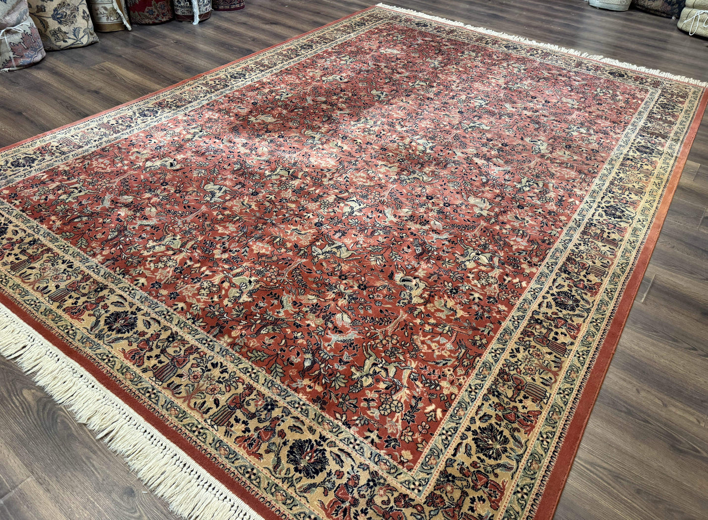 Persian Area Rug 8 x 11.6, Wool, Royal Hunting Scene, Vintage Couristan Rug, Red, Allover Pattern, Belgium Power Loomed - Nuvé