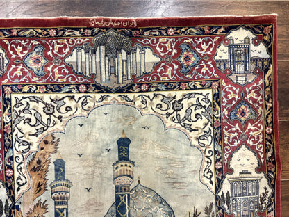 Persian Isfahan Pictorial Rug 3.6 x 5.7, Very Fine 400 KPSI, Historical Buildings, Signed By Masterweaver, Handmade - Nuvé