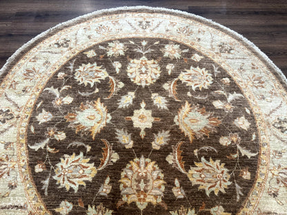Round Pakistani Rug 6x6, Brown and Beige, Floral, Peshawar Rug, Traditional - Nuvé