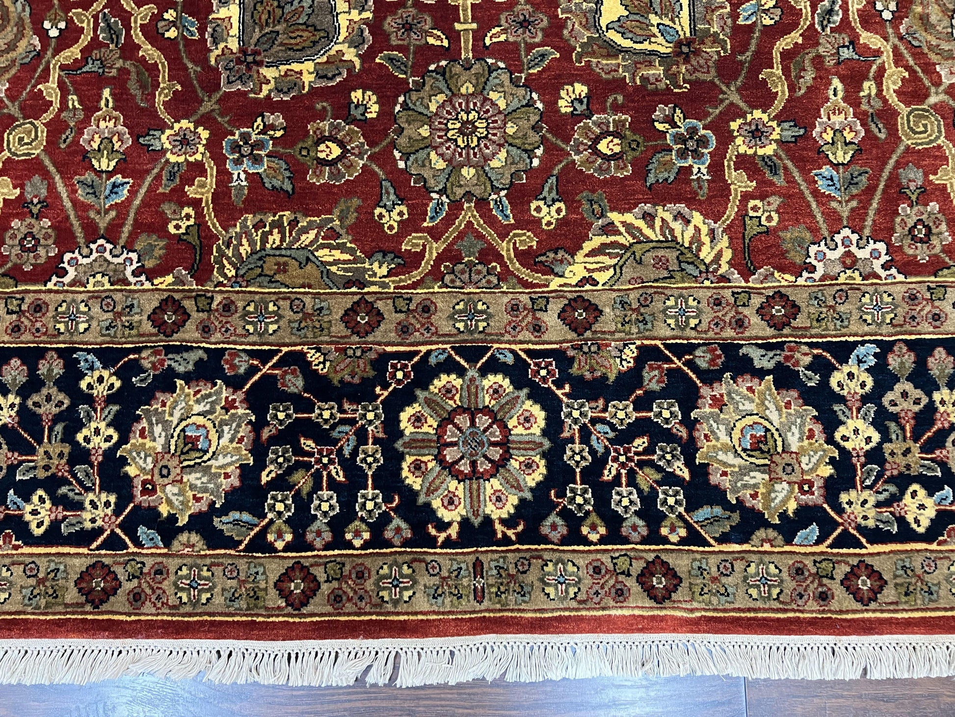 Indo Persian Rug 9x12, Hand Knotted Traditional Indian Wool Oriental Carpet 9 x 12 ft, Maroon and Navy Blue, Floral Allover 9x12 Vintage Rug - Nuvé