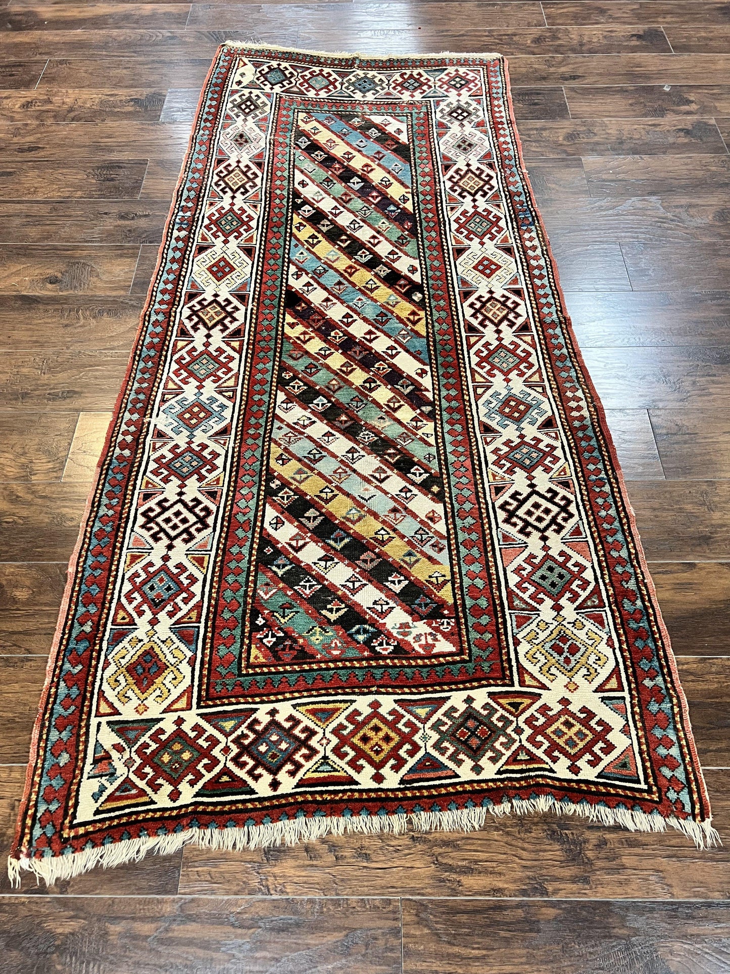 Caucasian Kazak Runner Rug 3.6 x 8, Wool Hand Knotted Antique 1880s Carpet, Ivory & Multicolor Stripes Oriental Runner Rug, Hallway Rug - Nuvé