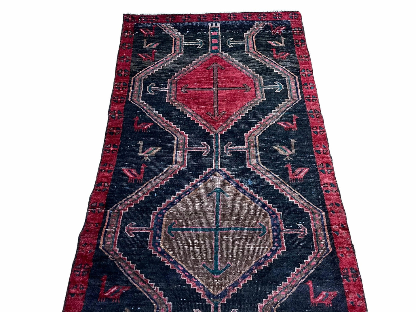 3 X 7 Handmade Wool Tribal Runner Rug Geometric Red Blue Boho Organic Dyes - Nuvé