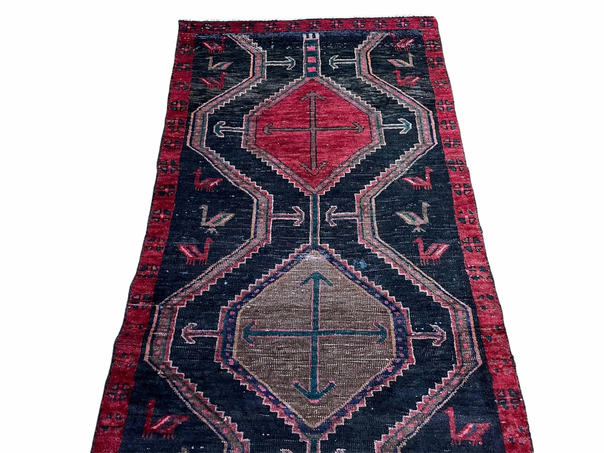 3 X 7 Handmade Wool Tribal Runner Rug Geometric Red Blue Boho Organic Dyes - Nuvé