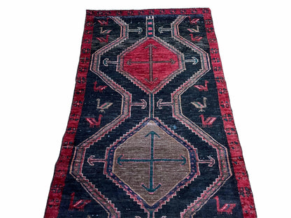 3 X 7 Handmade Wool Tribal Runner Rug Geometric Red Blue Boho Organic Dyes - Nuvé