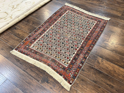 Antique Caucasian Rug 4x5, Hand Knotted Handmade Shirvan Oriental Carpet, Ivory Red Rug Allover Pattern, Rare Wool Rug, Tribal Geometric Rug - Nuvé