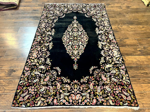 Antique Persian Kirman Rug 5x8, Floral Kirman, Midnight Blue/Black, Semi Open Field, Handmade Vintage Wool Carpet - Nuvé