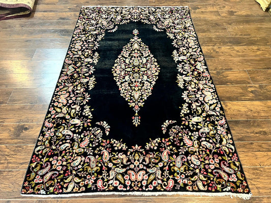 Antique Persian Kirman Rug 5x8, Floral Kirman, Midnight Blue/Black, Semi Open Field, Handmade Vintage Wool Carpet - Nuvé