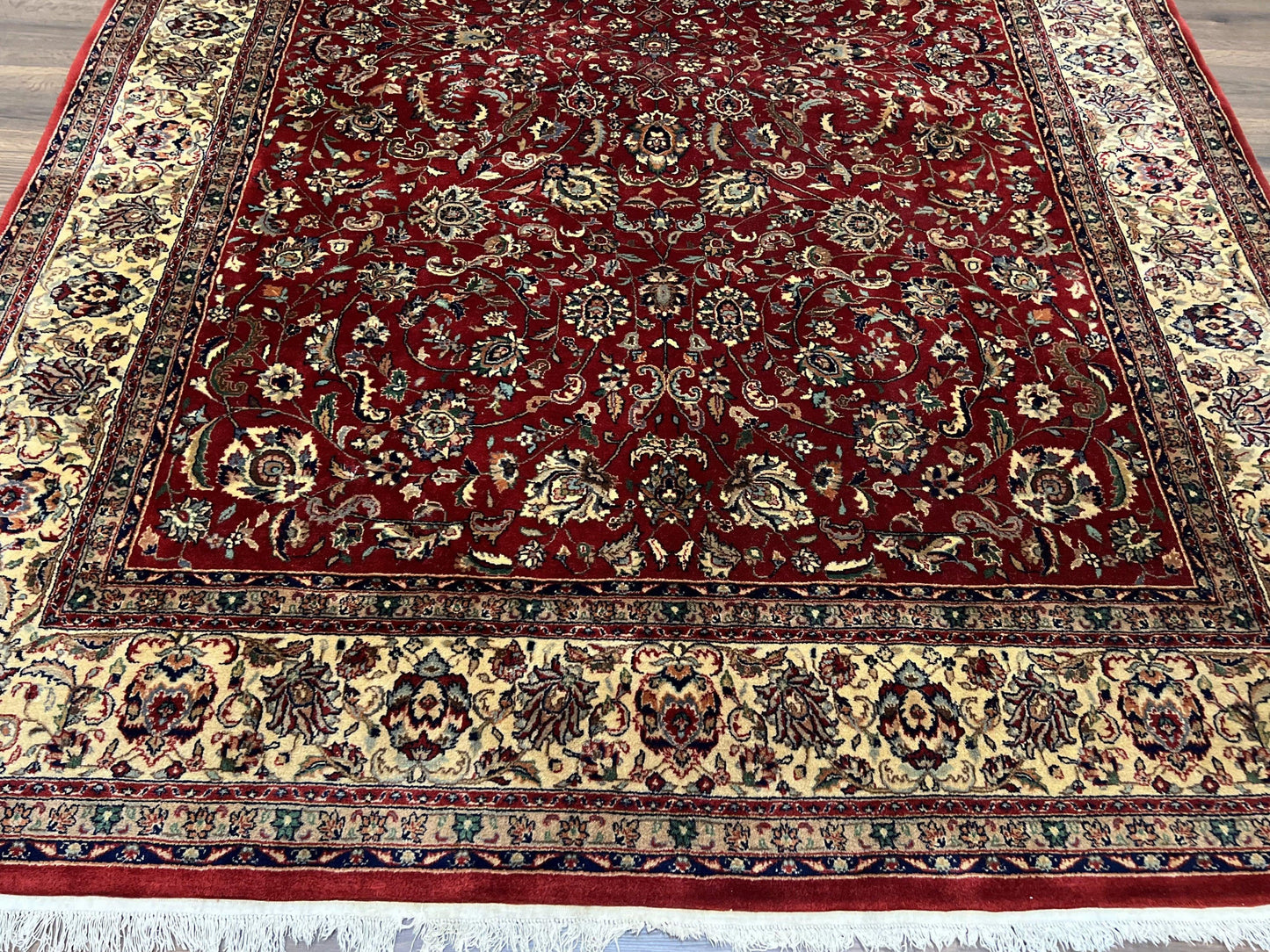 Vintage Indo Persian Rug 6x9, Very Finely Hand-Knotted Carpet 6 x 9 Red Cream Indian Oriental Carpet, Traditional Floral Wool Area Rug 1970s - Nuvé