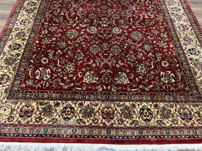 Vintage Indo Persian Rug 6x9, Very Finely Hand-Knotted Carpet 6 x 9 Red Cream Indian Oriental Carpet, Traditional Floral Wool Area Rug 1970s - Nuvé