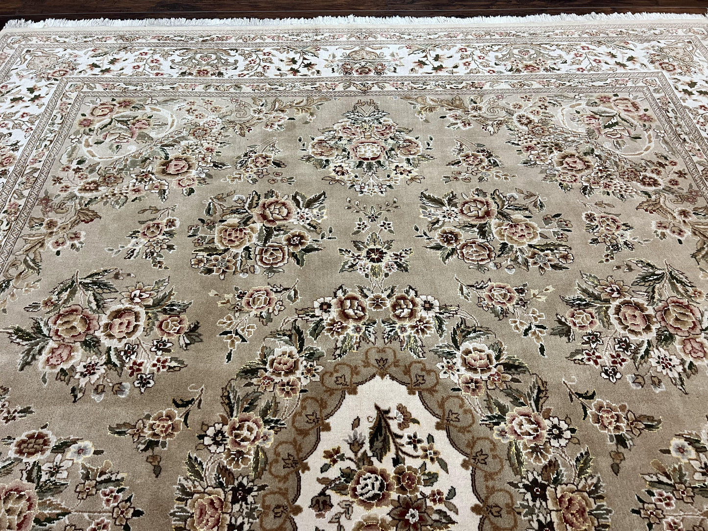 Sino Persian Rug 8x10, Soft Wool, Silk Highlights, Hand Knotted Vintage Carpet, Taupe & Ivory, Floral, Traditional Rug 8 x 10 - Nuvé